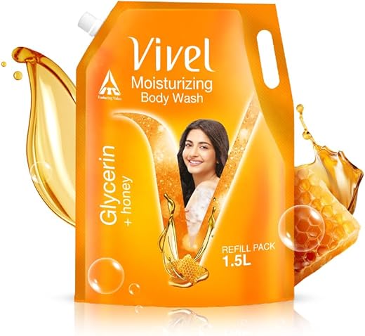 Vivel Moisturizing Body Wash, Glycerin & Honey Shower Gel, 1500 ml Supersaver XL Refill Pouch, For Soft, Glowing Skin, Mild and Pure Bodywash, For Women & Men