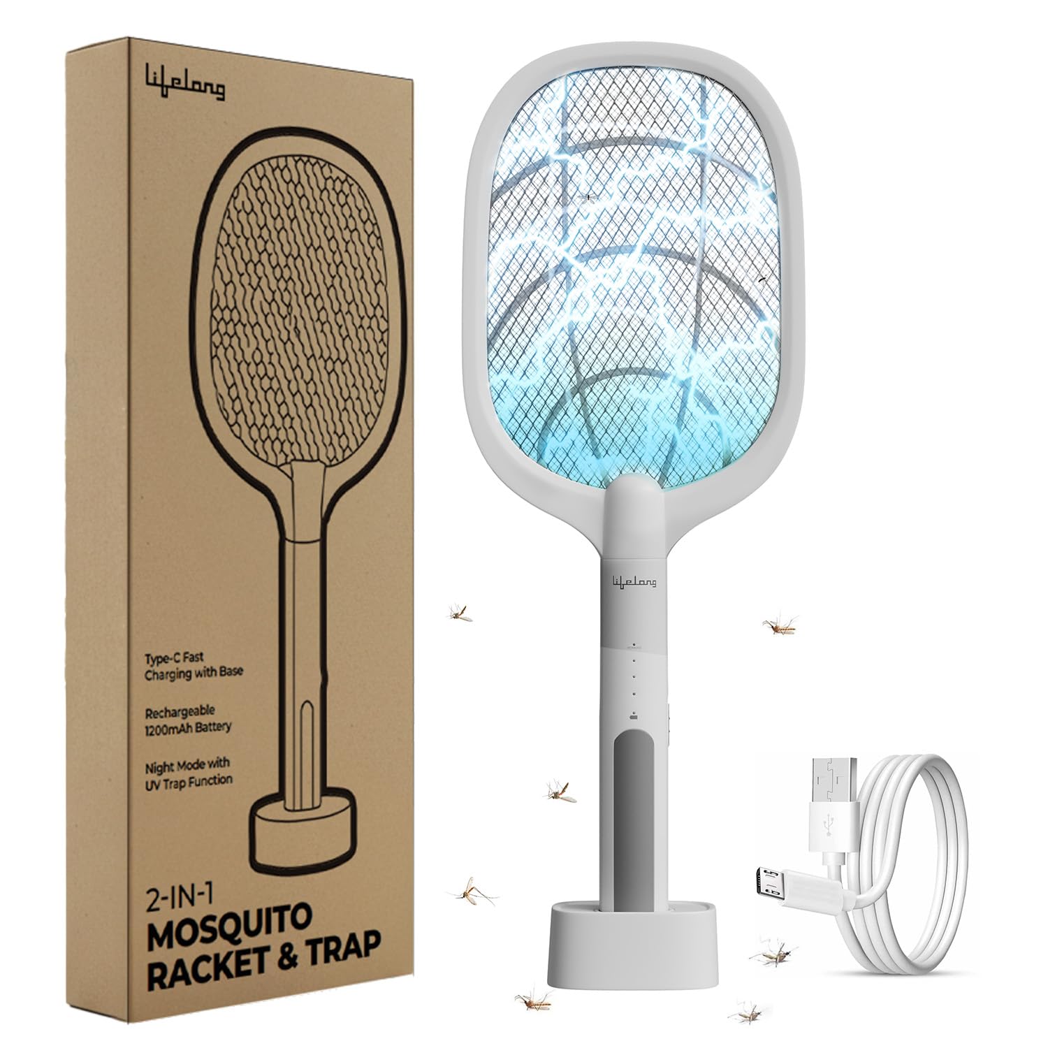Lifelong 2 in1 Electric Mosquito Racket | 2X Quick Charging | Fly Swatter with a Base Stand | UV Light & Base Type-C Charging | Rechargeable 1200mAh Battery | Lasting Battery