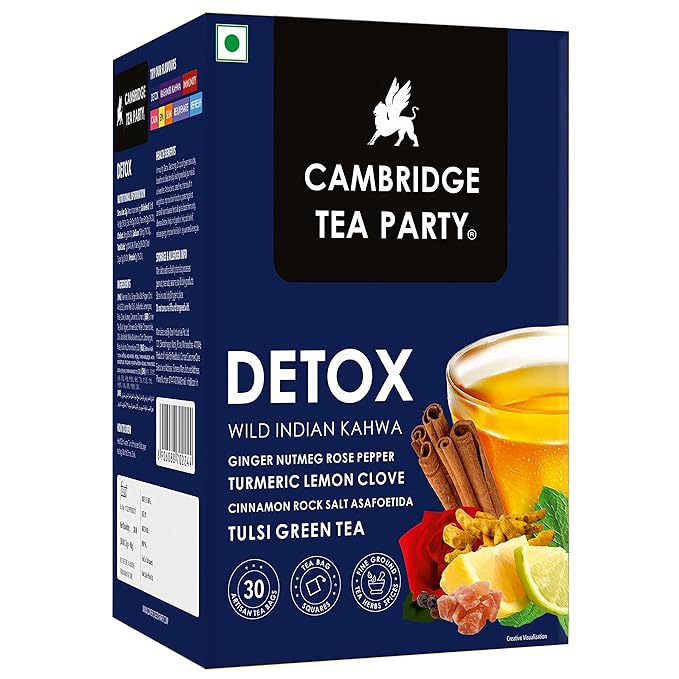 Cambridge Tea Party Detox 30 Tea Bags,Desi Kahwa,Turmeric Ginger Rose Lemon Clove Rock Salt Tulsi Green Tea (Immunity Booster with Natural Vitamins,Cleanse,Cold Relief,Weight Loss,Slim,Digestion)