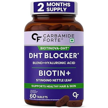 Carbamide Forte DHT Blocker with Biotin Tablets for Hair growth | Biotin Supplement with Bhringraj & Hyaluronic Acid | DHT Blocker Tablet supports Hair Growth, Scalp & Skin Health for Men & Women | 60 Tablets