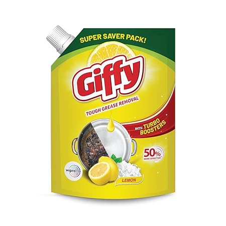 Giffy Liquid Dishwash Gel 2 Litre | Lemon and Active Salt | 50% More Effective | Tough Grease Removal Expert | Turbo Boosters | Mild fragrance | Removes Tough Malodour | Hand-Safe