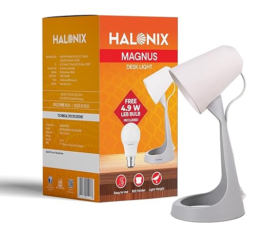 Halonix Magnus Desk Light | Polycarbonate | 4.9W LED Bulb | B22 Holder | Lightweight | Easy to Use Study Lamp | Designer Study Light | Beige