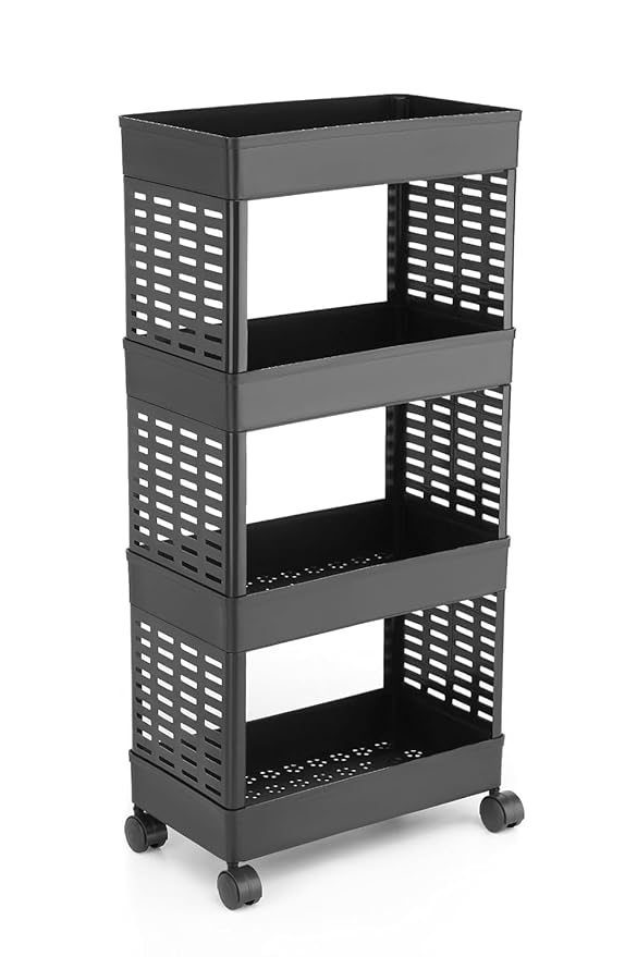 Plastic Multipurpose 4-Tier Floor Mount Corner Storage Shelf, Organizer Rack for Kitchen/Dish (Black)