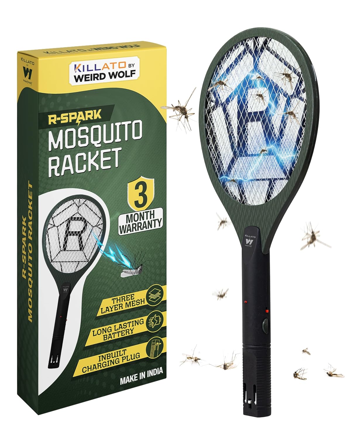 Weird Wolf Heavy Duty Mosquito Bat | Rechargeable Electric Fly Swatter with Inbuilt 2-Pin Plug | High Voltage Mosquito Killer Racket | ABS Body | 3 Months Warranty (Dark Green)