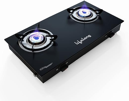 Lifelong 2 Burner Gas Stove Top for Kitchen - Manual Ignition Cooktop Modern Glass Stove for Modular Kitchen, ISI Certified & Compatible with LPG - 1 Year Manufacturer's (Black, LLGS10)