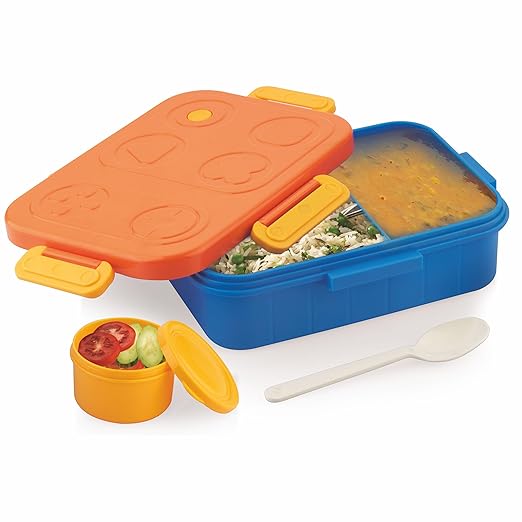 ATTRO TicTac Plastic Lunch Box – 3 Compartment Bento Tiffin, Leak-Proof & Durable, Ideal for Kids, School, Picnic– 1200ml+80ml, Orange Blue