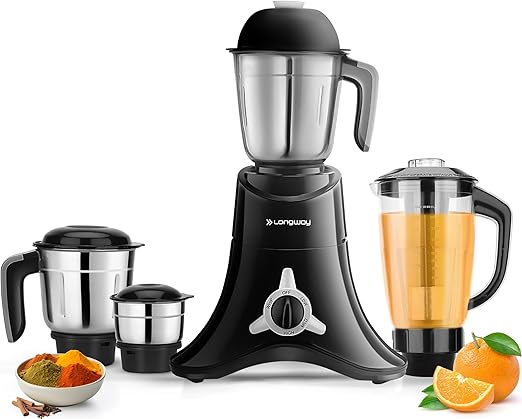 Longway Orion 900 Watt Juicer Mixer Grinder with 4 Jars for Grinding, Mixing, Juicing with Powerful Motor | 1 Year Warranty | (Black, 4 Jars)