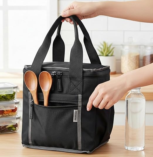 Wooum Thermal Insulated Lunch Bag for Office Men Women Kids | 9L Tiffin Bag with Bottle Holder | Waterproof Food Bag for School, Travel, Work | Leakproof, Compact, 1 Year Warranty (Black)