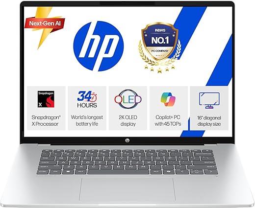 HP Omnibook 5 OLED (Previously Pavilion), Snapdragon X Processor (16GB LPDDR5x,1TB SSD) 2K OLED,16''/40.6cm, Win11, M365*Office24, Glacier Silver, 1.59kg, fb0001QU, Backlit, Next-Gen AI Laptop