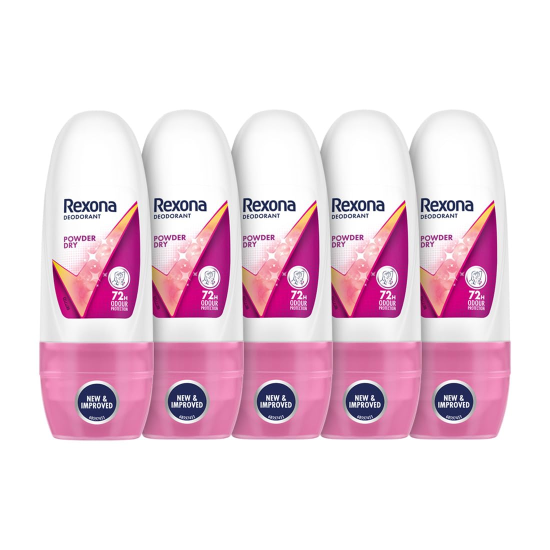 Rexona Powder Dry Underarm Roll-On Deodorant for Women | 72 Hours Long-Lasting Odour Protection | 0% Alcohol, Safe on Skin | 25ML (Pack of 5)