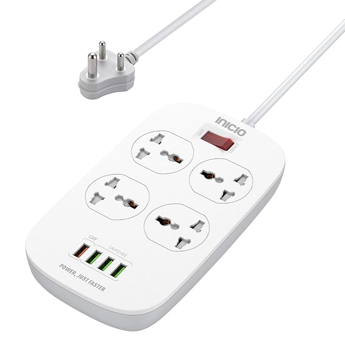 INICIO QC3.0 Fast Charge Extension Board [ 18W QC3.0 + 3 USB Ports + 4 Universal Sockets ] 2500W 10A Power Strip Surge Protector with 2m Heavy Duty Indian 3 Pin Cord for Home Office Use