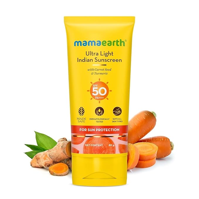 Mamaearth Ultra Light Indian Sunscreen with Carrot Seed & Turmeric | SPF 50 PA ++++ | UVA & UVB Protection