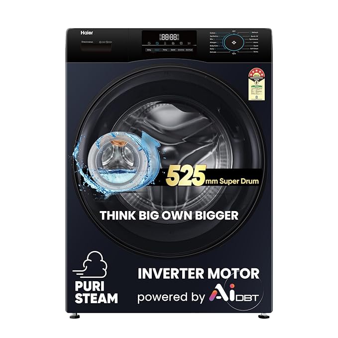 Haier 8 Kg AI Smart Wash (AI-DBT), PuriSteam, 525mm Super Drum Fully Automatic Front Load Washing Machine with In-Built Heater, Black (EFL80-IM12IBIEBK)