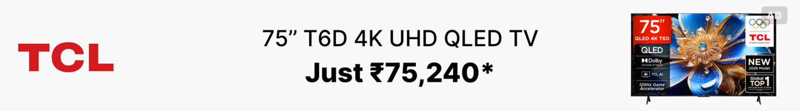 TCL T6D 163.83 cm (65 inch) QLED Ultra HD (4K) Smart Google TV 2026 Edition with HDR10+ Dolby Vision- Atmos 28W HVA Panel TCL AI Slim & Uni body Design