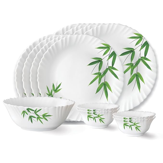 Larah by Borosil Bamboo Leaves Fluted Series Opalware Dinner Set | 13 Pieces for Family of 4 | Microwave & Dishwasher Safe | Bone-Ash Free | Crockery Set for Dining & Gifting | Plates & Bowls | White