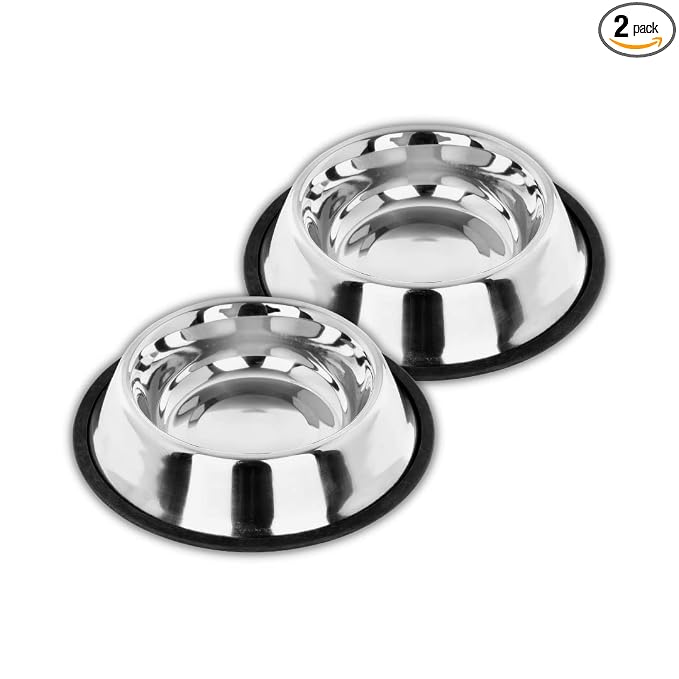 Madhabi Stainless Steel Pet Bowl Set for Dogs and Cats, Size 5, Non-Slip Rubber Base, Rust-Free Food and Water Feeding Bowls, Chew-Proof No-Tip Design for Home and Outdoor Use – Pack of 2