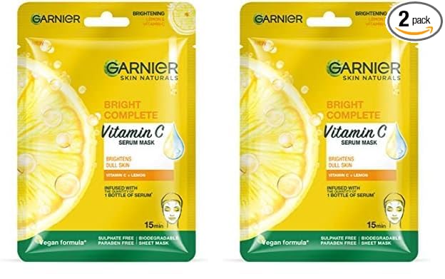 Garnier Skin Naturals, Face Mask, Hydrating, Brightening & Anti-Dark Spots, Bright Complete, 1 pc, 28g (Pack of 2)