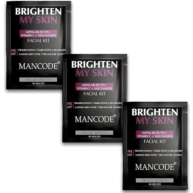 Mancode Brighten My Skin Facial Kit For Men | Salon-Like Glowing Skin In 6 Easy Steps | Improves Skin Texture | Instant Glow | Suitable For All Skin Types – 3 x 58 G (Pack of 3)