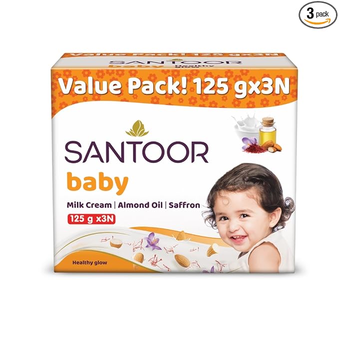 Santoor Baby Bathing Bar Soap with Milk Cream, Saffron, & Almond Oil 125gx3