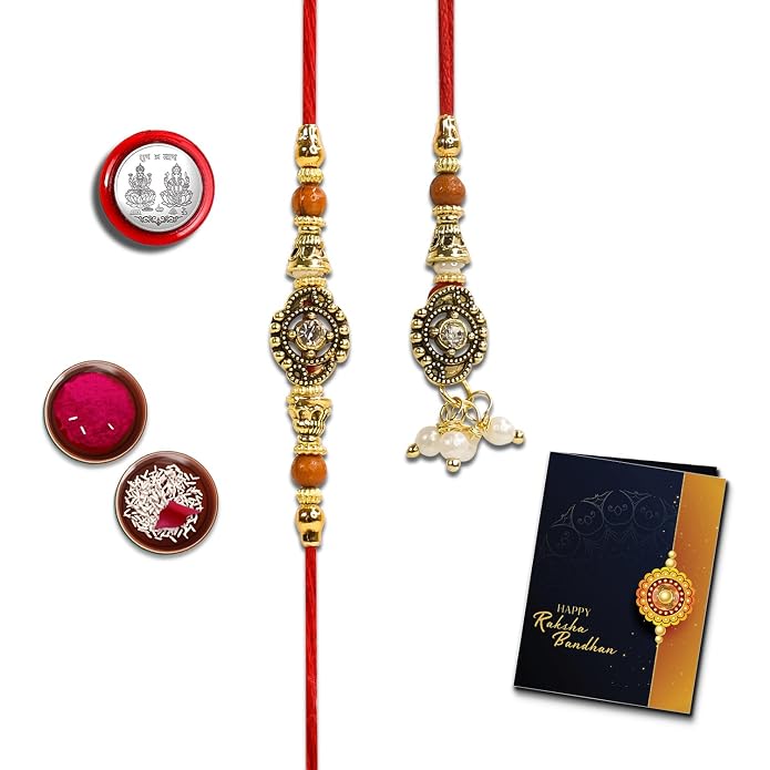 Oblivion Rakhi Set for Bhai and Bhabhi –Beaded Gold for Bhai 1 Pc and Lumba for Bhabhi 1 Pc– Silver Color Pooja Coin and Greeting Card Combo