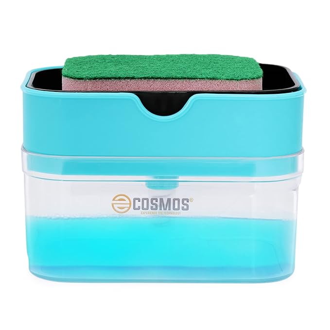 E-COSMOS® Smarty Soap Dispenser and Dishwasher Liquid Holder, Liquid Dispenser Through Pump (Black, 350 ML) with Free Sponge Made in India, Medium (Sky Blue)
