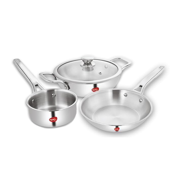 Pigeon Elite Stainless Steel Triply 4 Pcs Gift Set – 22cm (2L) Kadai, 22cm (1L) Frypan and 14cm (1.1L) Saucepan