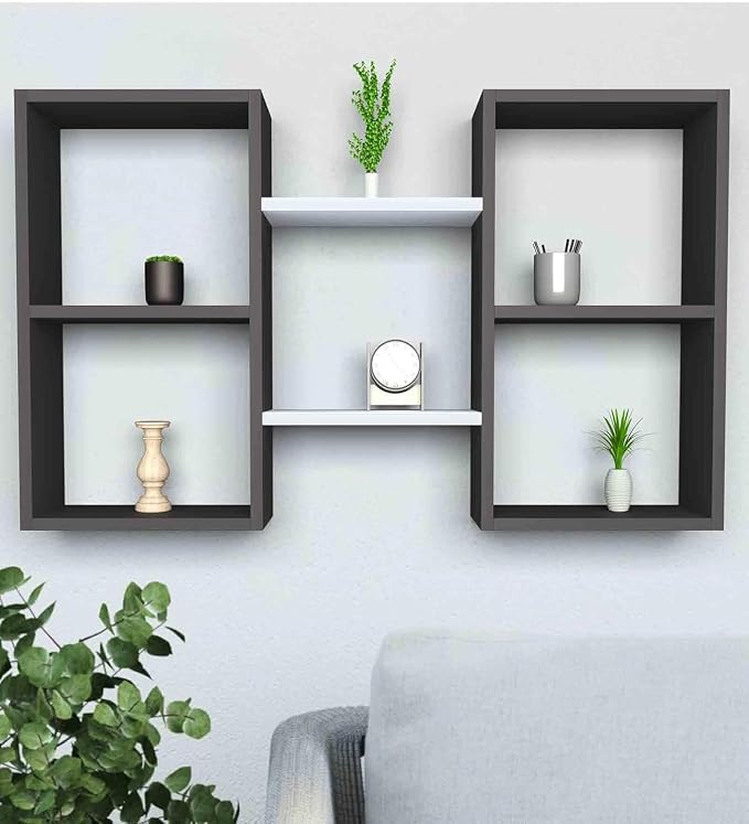 Furniture Café Modern Wooden Wall Mounted Shelves – Cube & Floating Display Rack for Living Room, Bedroom, and Office Décor (Grey & White)