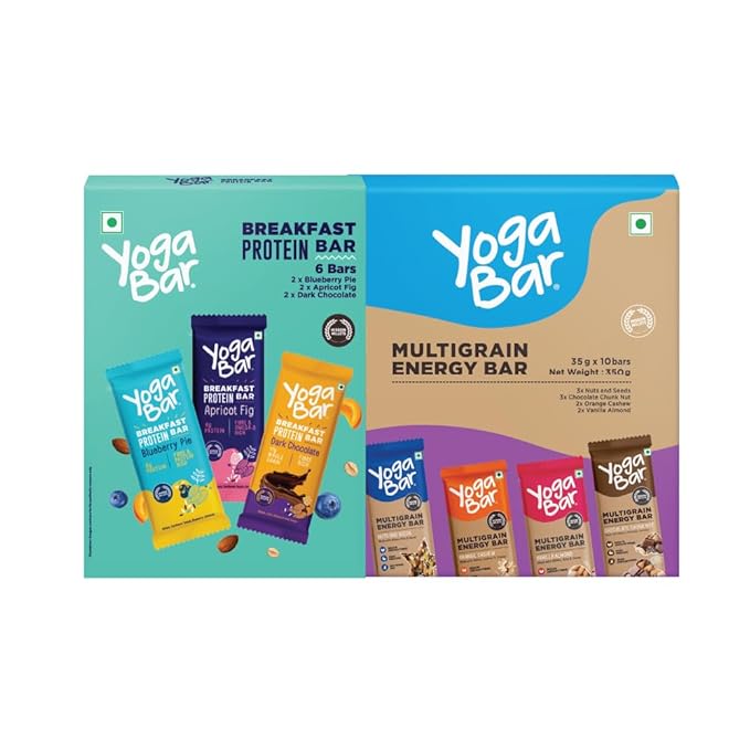 Yogabar Protein Bar Combo, 16 Bars | Multigrain Energy Bar x 10 and Breakfast Protein Bar x 6 | Protein Snack with High Fibre