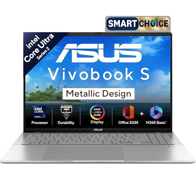 ASUS Vivobook S16 OLED,Smartchoice,Intel Core Ultra 7 255H,16GB RAM,512GB SSD,16″, Win11, Office 2024, M365 Basic(1Y), Cool Silver, 1.7Kg, S3607CA-SH077WS, Intel Arc iGPU,Metallic Design Laptop, AI PC