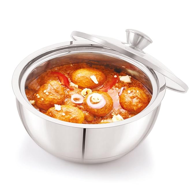 ANJALI EPSB90 Stainless Steel Elite Pro Double Walled Insulated Serving Bowl with Glass Lid 900 ml