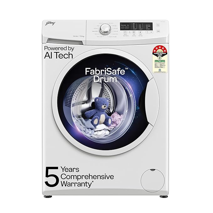 Godrej 7 Kg 5 Star, AI Powered, FabriSafe Drum, 65% Water Saving, Fully Automatic Front Load Washing Machine (WFEON CRS 7010 5.0 FKEDM GLWH, Glacial White)