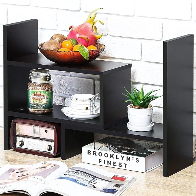 Furniture Café Modern Wooden Desk Organizer Shelf – Multi-Tier Desktop Storage Rack for Books, Office Supplies & Décor