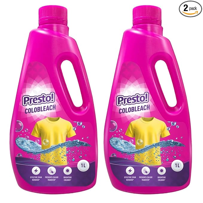 Amazon Brand – Presto! Colobleach 2L (1L x Pack of 2) | Detergent Add-On Liquid | Effective Stain Remover | Brightens Colored Clothes