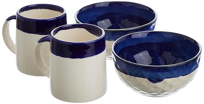 The Earth Store Studio Pottery Dual Tone White and Blue Coffee Mug with Snack Bowl- Set of 2 Each, Microwave and Dishwasher Safe Coffee Mug Set of 2 | Serving Bowl Set of 2 | Snack Bowls