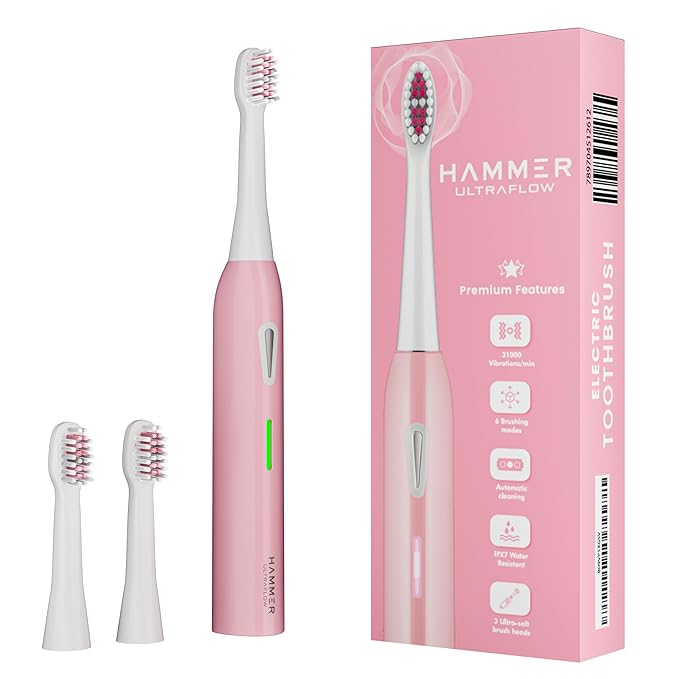 Hammer Ultra Flow Electric Toothbrush and 3 Replaceable Brush Heads for Men and Women, 6 Brushing Modes, Rechargeable Battery, Waterproof, 31000 Strokes per Minute, Super-Soft Bristles, Electric Toothbrush (Pink)