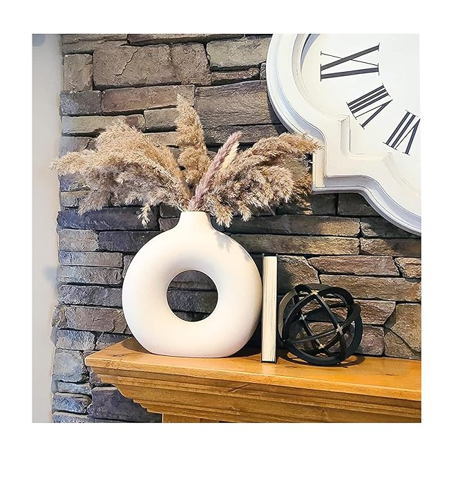 SPHINX White Ceramic Donut Vase, 6 Inch Modern Flower Vase for Pampas Grass, Dried Flowers, Home & Office Decor, Centerpiece, Handcrafted Gift Vase Only