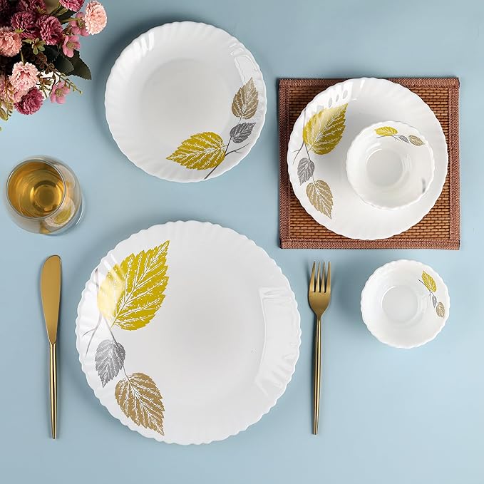 Cello Opalware Dazzle Series Autumn Leaf 35 Piece Dinner Set | Opal Glass Crockery for 6 | Bone Ash-Free | Lightweight, Elegant White Plate & Bowl Set |Opal Glass Dinner Set for Daily Use & Gifting