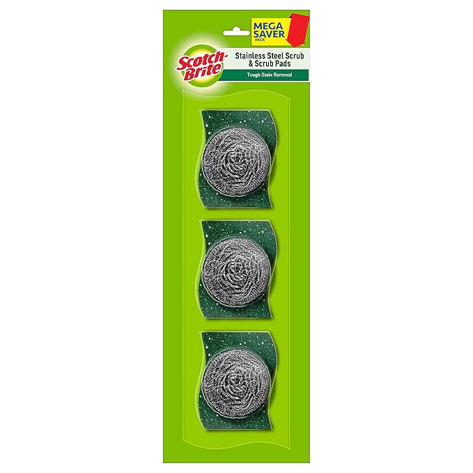 Scotch-Brite Stainless Steel Scrub – Pack of 3 (3X 15g Steel +Free 3 Scrub Pads 3″X3″)