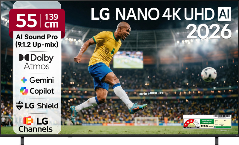 LG 139 cm (55 inch) Ultra HD (4K) LED Smart WebOS TV 2026 Edition with NANO Detail Enhancer, HDR10 Pro, 4K Super Upscaling Alpha7 AI Processor 4K Gen9, Dolby Atmos.