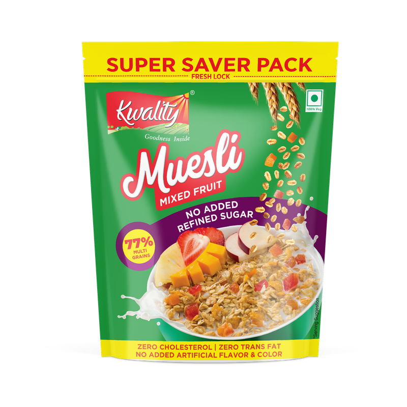 Kwality by Kwality Muesli Mixed Fruit, 77% Multigrains, No Added Refined Sugar, Breakfast Cereals Pouch