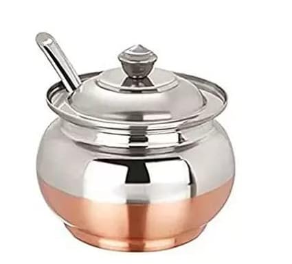 Attachh Copper Coated Base Steel Ghee Pot With Spoon | Copper Base Steel Ghee Jar for Kitchen | Steel Oil Container With Lid,Spoon For Pooja Items (100 ML Pack of 1)