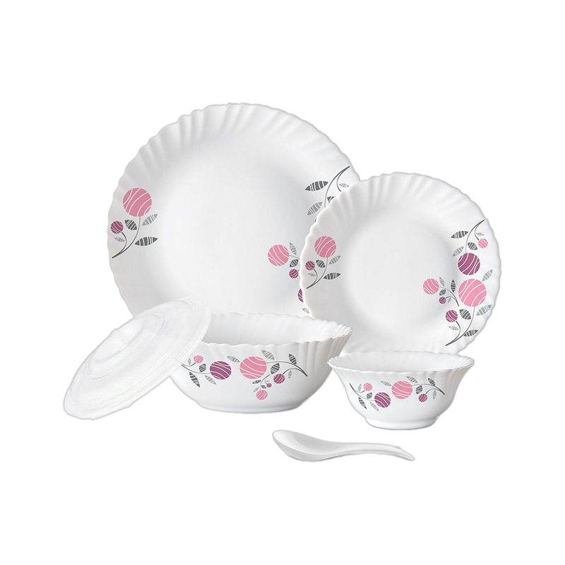 Larah by Borosil Pack of 34 Opalware Galaxy Dahlia Crockey Gifting, Plate & Bowl Dinner Set