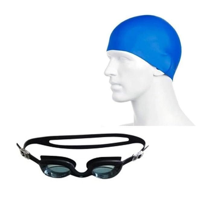 Swimming set combo with goggles, cap, nose & ear plugs (Black Blue)