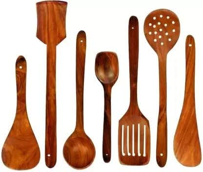 Green Wood Stylish Wooden 7 Pcs Cooking Spoon, Kitchen Tool Set – Serving Spoon, Table Spoon, Salad Spoon, Measuring Spoon | Medium, Non-Chemical, Eco-Friendly (Brown1)