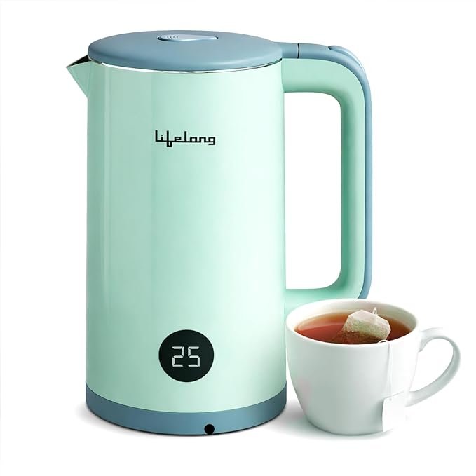 Lifelong Electric Kettle 1.6 L | 1350W Kettle with Double Wall & Cool Touch Body | Digital Display & Fast Water Boiling with Auto Shut Off | Stainless Steel | Overheat Protection (Sage Green, LLDEK01)