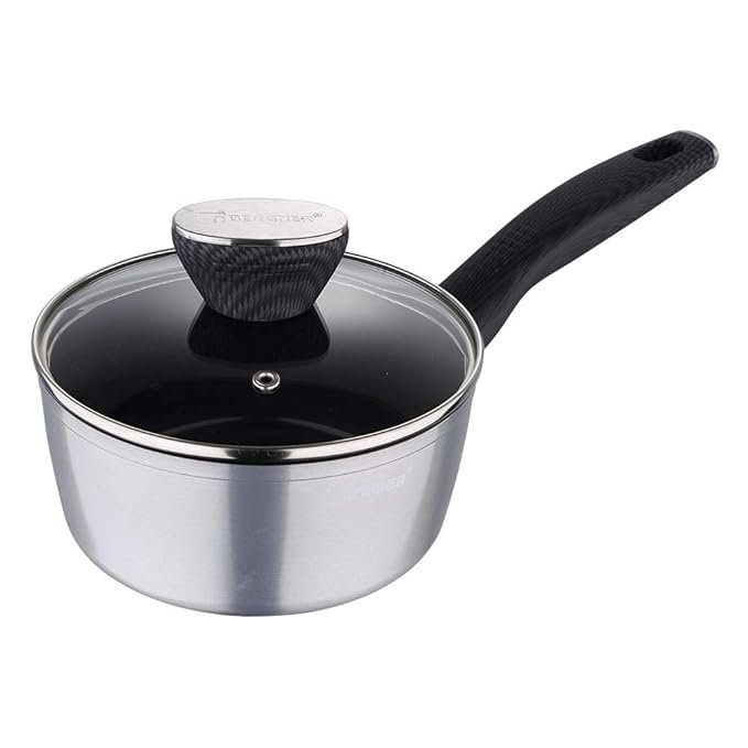 Bergner Carbon TT Forged Aluminium Non-Stick Saucepan with Glass Lid & Induction Base (16 cm, 1.3 Liters, Metallic Grey)