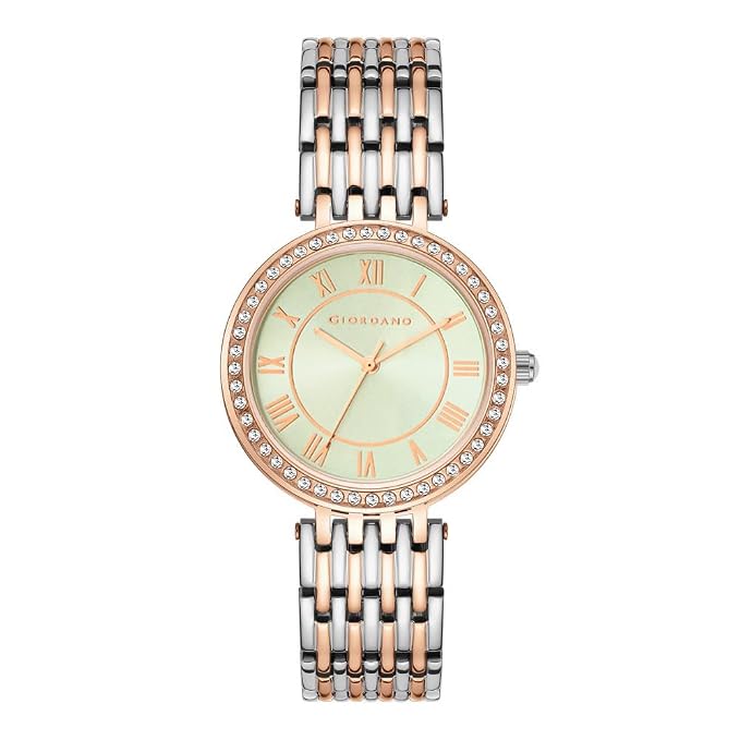 Giordano Eleganza Collection Round Analog Watch for Women, Diamond-Set with Metal Strap Ladies Water Resistant Wrist Watch – A2083