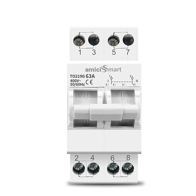 amiciSmart Dual Power Manual Transfer Switch – 63A Single Phase, 400V | Manual Changeover Switch for Generators & Mains Supply | On/Off Load Selector for Backup Power Management