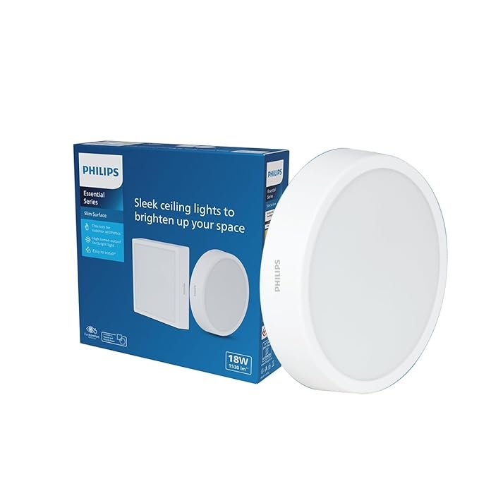 Philips 18 Watt Round Slim Surface Ceiling Light | LED Downlighter for Both Normal & False Ceiling | Colour : Warm White, Pack of 1
