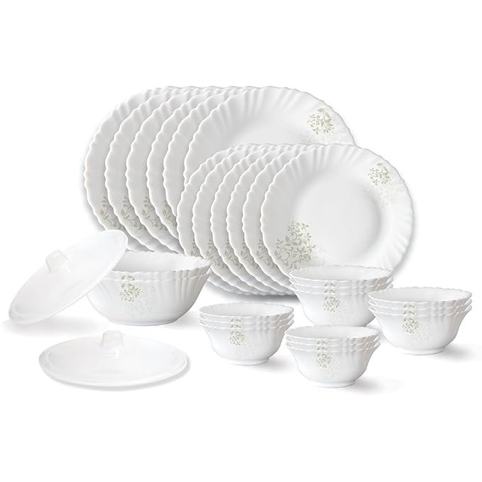 Larah by Borosil Ingot Fluted Series Opalware Dinner Set | 28 Pieces for Family of 6 | Microwave & Dishwasher Safe | Bone-Ash Free | Crockery Set for Dining & Gifting | Plates & Bowls | White
